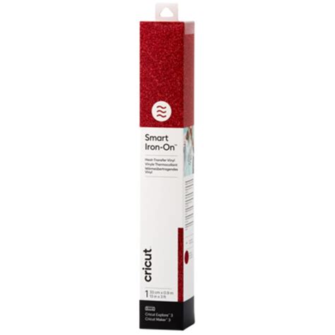 Cricut Smart Iron-on 33x91cm 1 sheet (Glitter Red); 1 roll 33 cm x 0.9 m (13 in x 3 ft); Works without a cutting mat – just load & go!; Outlasts 50+ washes!; Cuts beautifully and weeds easily; For Cricut Explore™ 3 & Cricut Maker™ 3